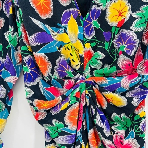 NEIMAN MARCUS Vintage Floral Print Long Zip Sleeve Ruched Waist Midi Dress 10 - Picture 4 of 7